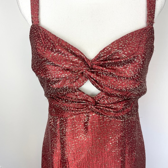 Monique Lhuillier Metallic Cut Out High Low Gown In Maroon Gold Size 10 - Picture 6 of 16